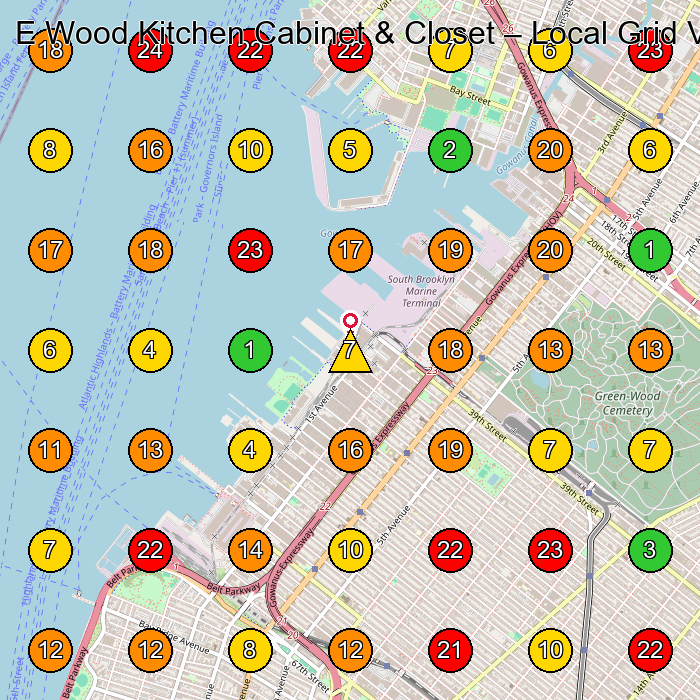 E Wood Kitchen Cabinet & Closet Cabinet Maker GeoGrid ranking map for Brooklyn NY